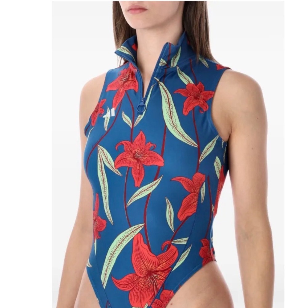 Adidas x FARM Rio Bodysuit S Blue Red Floral Mock Neck New Sleeveless Zip Front
